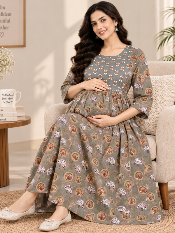 Women's Olive Grey Floral Motif Print Pure Cotton Anarkali Maternity Feeding Dress with Zipper