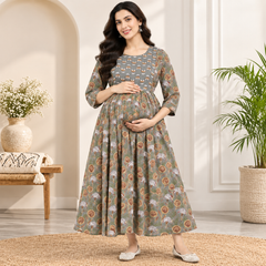 Women's Olive Grey Floral Motif Print Pure Cotton Anarkali Maternity Feeding Dress with Zipper