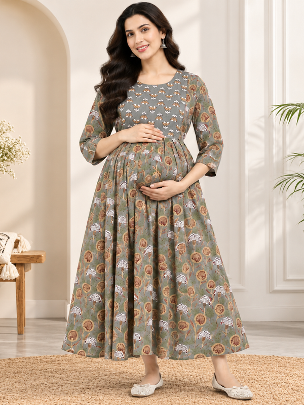 Women's Olive Grey Floral Motif Print Pure Cotton Anarkali Maternity Feeding Dress with Zipper