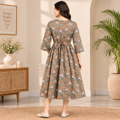 Women's Olive Grey Floral Motif Print Pure Cotton Anarkali Maternity Feeding Dress with Zipper