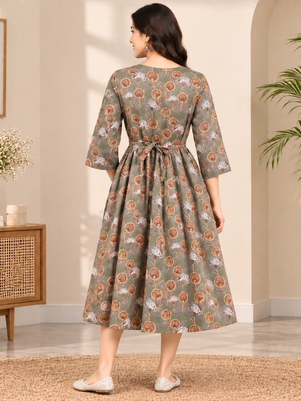 Women's Olive Grey Floral Motif Print Pure Cotton Anarkali Maternity Feeding Dress with Zipper
