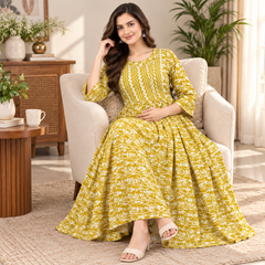 Women's Olive Yellow Floral & Zigzag Print Pure Cotton Anarkali Maternity Feeding Dress with Zipper