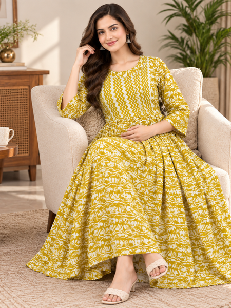 Women's Olive Yellow Floral & Zigzag Print Pure Cotton Anarkali Maternity Feeding Dress with Zipper