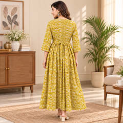 Women's Olive Yellow Floral & Zigzag Print Pure Cotton Anarkali Maternity Feeding Dress with Zipper