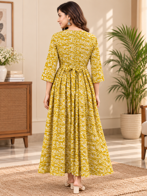 Women's Olive Yellow Floral & Zigzag Print Pure Cotton Anarkali Maternity Feeding Dress with Zipper
