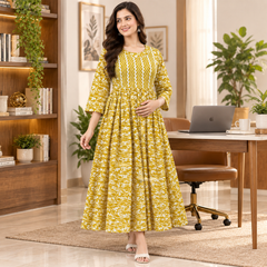 Women's Olive Yellow Floral & Zigzag Print Pure Cotton Anarkali Maternity Feeding Dress with Zipper