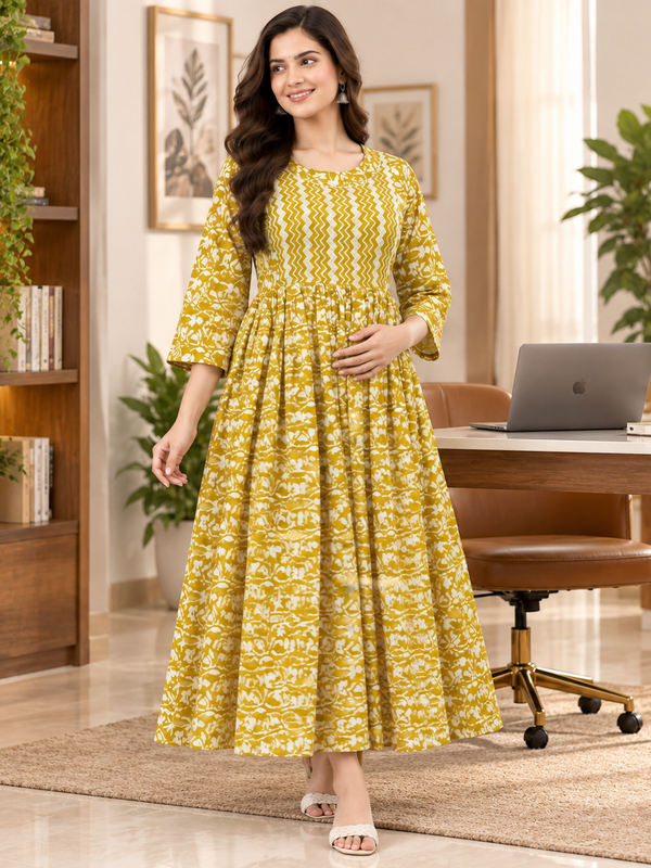 Women's Olive Yellow Floral & Zigzag Print Pure Cotton Anarkali Maternity Feeding Dress with Zipper