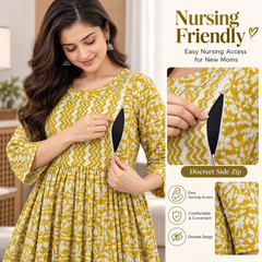 Women's Olive Yellow Floral & Zigzag Print Pure Cotton Anarkali Maternity Feeding Dress with Zipper