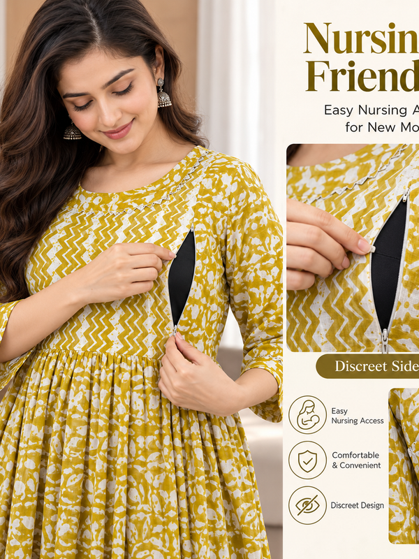 Women's Olive Yellow Floral & Zigzag Print Pure Cotton Anarkali Maternity Feeding Dress with Zipper