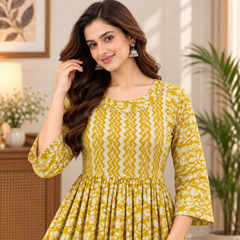 Women's Olive Yellow Floral & Zigzag Print Pure Cotton Anarkali Maternity Feeding Dress with Zipper