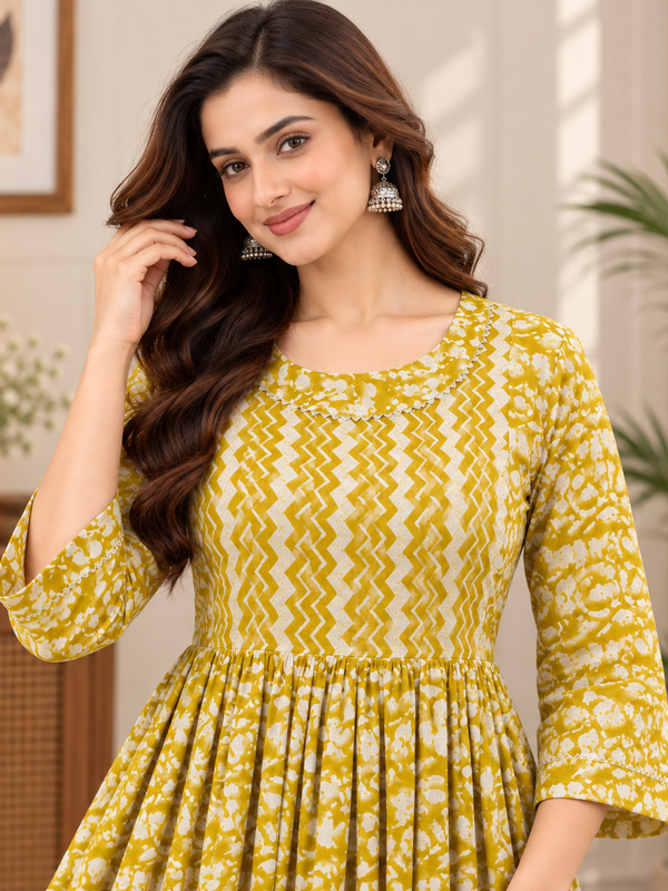 Women's Olive Yellow Floral & Zigzag Print Pure Cotton Anarkali Maternity Feeding Dress with Zipper
