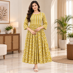 Women's Olive Yellow Floral & Zigzag Print Pure Cotton Anarkali Maternity Feeding Dress with Zipper