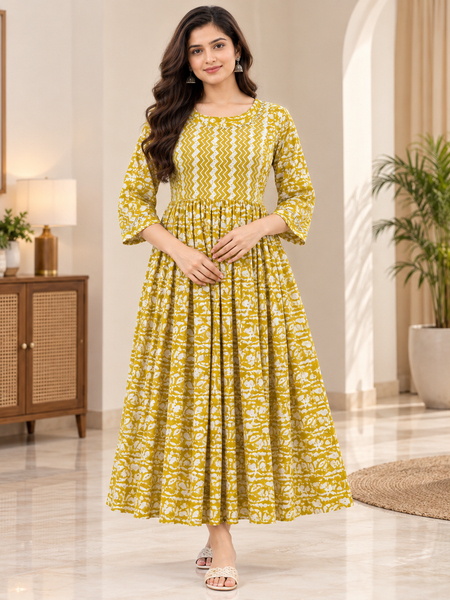 Women's Olive Yellow Floral & Zigzag Print Pure Cotton Anarkali Maternity Feeding Dress with Zipper