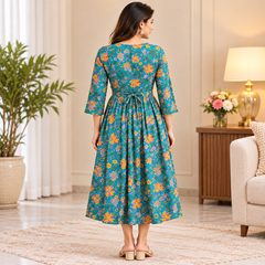 Women's Peacock Blue Multi Floral Print Pure Cotton Anarkali Maternity Feeding Dress with Zipper