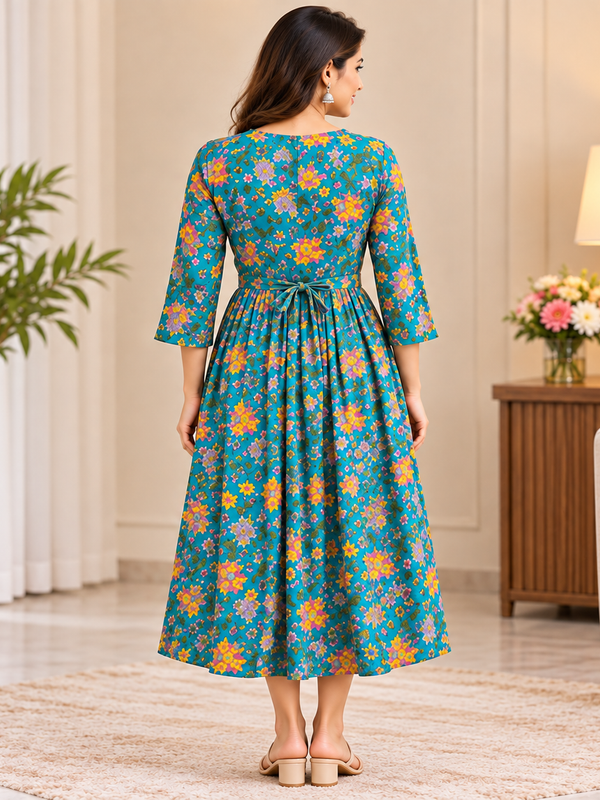 Women's Peacock Blue Multi Floral Print Pure Cotton Anarkali Maternity Feeding Dress with Zipper