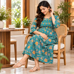 Women's Peacock Blue Multi Floral Print Pure Cotton Anarkali Maternity Feeding Dress with Zipper
