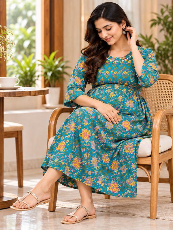 Women's Peacock Blue Multi Floral Print Pure Cotton Anarkali Maternity Feeding Dress with Zipper