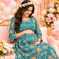 Women's Peacock Blue Multi Floral Print Pure Cotton Anarkali Maternity Feeding Dress with Zipper