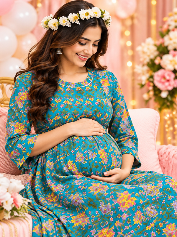 Women's Peacock Blue Multi Floral Print Pure Cotton Anarkali Maternity Feeding Dress with Zipper
