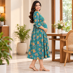 Women's Peacock Blue Multi Floral Print Pure Cotton Anarkali Maternity Feeding Dress with Zipper
