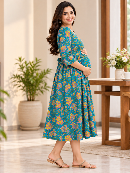 Women's Peacock Blue Multi Floral Print Pure Cotton Anarkali Maternity Feeding Dress with Zipper