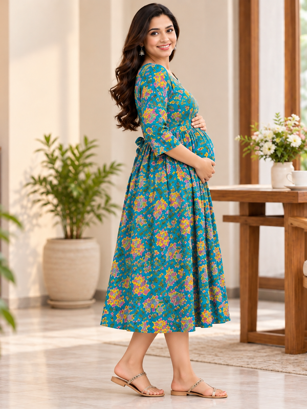 Women's Peacock Blue Multi Floral Print Pure Cotton Anarkali Maternity Feeding Dress with Zipper