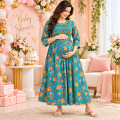 Women's Peacock Blue Multi Floral Print Pure Cotton Anarkali Maternity Feeding Dress with Zipper