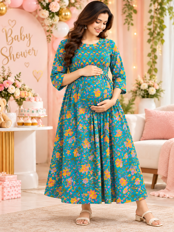 Women's Peacock Blue Multi Floral Print Pure Cotton Anarkali Maternity Feeding Dress with Zipper