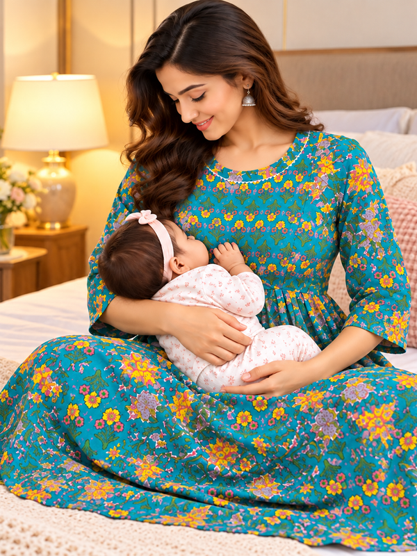 Women's Peacock Blue Multi Floral Print Pure Cotton Anarkali Maternity Feeding Dress with Zipper