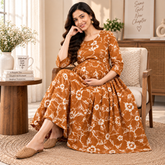 Women's Rust Orange Abstract Floral Print Pure Cotton Anarkali Maternity Feeding Dress with Zipper