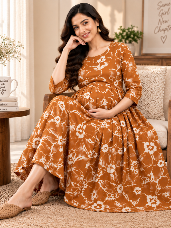 Women's Rust Orange Abstract Floral Print Pure Cotton Anarkali Maternity Feeding Dress with Zipper