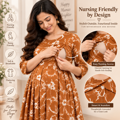 Women's Rust Orange Abstract Floral Print Pure Cotton Anarkali Maternity Feeding Dress with Zipper