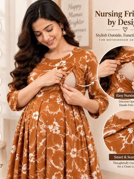 Women's Rust Orange Abstract Floral Print Pure Cotton Anarkali Maternity Feeding Dress with Zipper