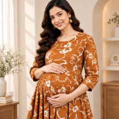 Women's Rust Orange Abstract Floral Print Pure Cotton Anarkali Maternity Feeding Dress with Zipper