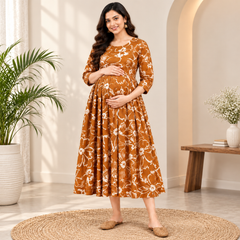 Women's Rust Orange Abstract Floral Print Pure Cotton Anarkali Maternity Feeding Dress with Zipper