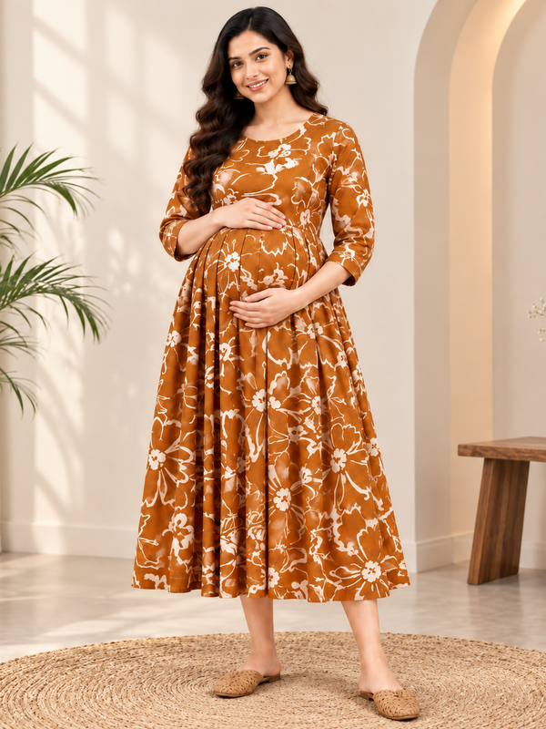 Women's Rust Orange Abstract Floral Print Pure Cotton Anarkali Maternity Feeding Dress with Zipper