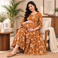 Women's Rust Orange Abstract Floral Print Pure Cotton Anarkali Maternity Feeding Dress with Zipper