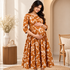 Women's Rust Orange Abstract Floral Print Pure Cotton Anarkali Maternity Feeding Dress with Zipper
