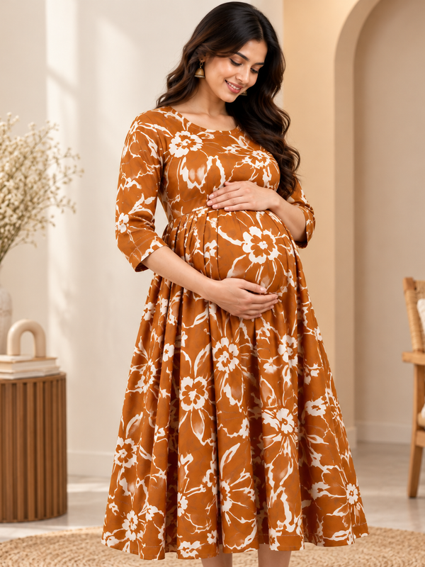 Women's Rust Orange Abstract Floral Print Pure Cotton Anarkali Maternity Feeding Dress with Zipper
