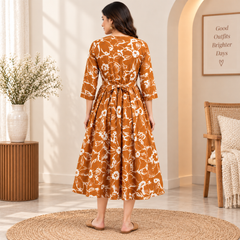 Women's Rust Orange Abstract Floral Print Pure Cotton Anarkali Maternity Feeding Dress with Zipper