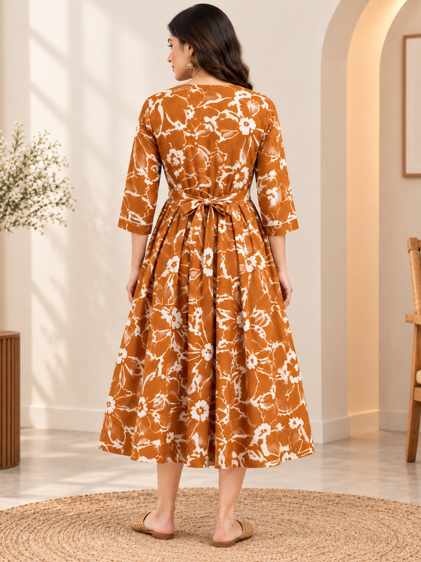 Women's Rust Orange Abstract Floral Print Pure Cotton Anarkali Maternity Feeding Dress with Zipper