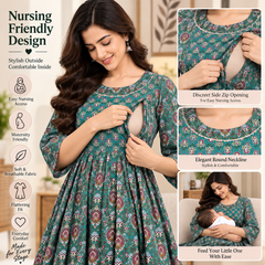 Women's Teal Green Ethnic Ikat Print Pure Cotton Anarkali Maternity Feeding Dress with Zipper