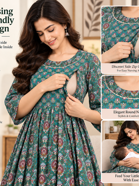 Women's Teal Green Ethnic Ikat Print Pure Cotton Anarkali Maternity Feeding Dress with Zipper