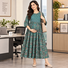Women's Teal Green Ethnic Ikat Print Pure Cotton Anarkali Maternity Feeding Dress with Zipper