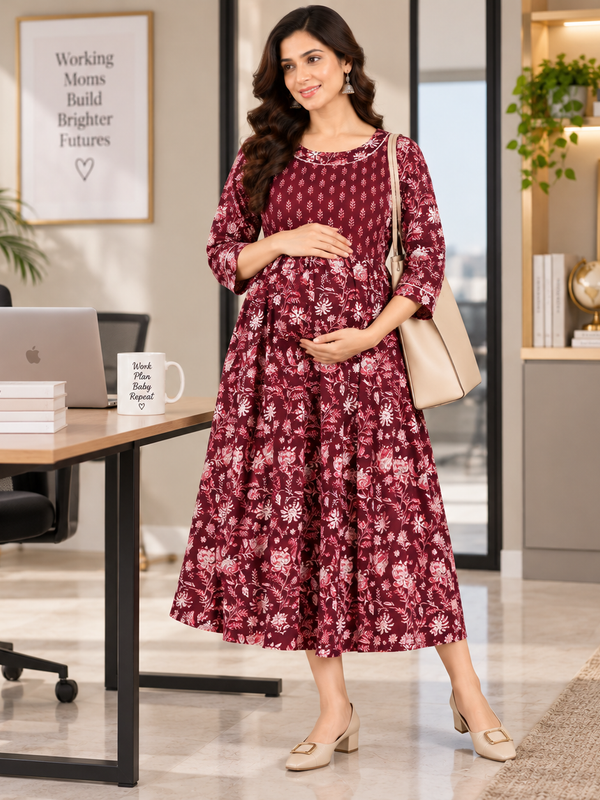 Women's Wine Maroon Floral Jaal Print Pure Cotton Anarkali Maternity Feeding Dress with Zipper