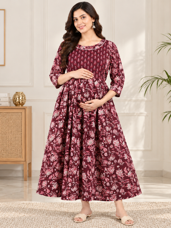 Women's Wine Maroon Floral Jaal Print Pure Cotton Anarkali Maternity Feeding Dress with Zipper