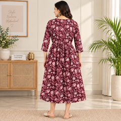 Women's Wine Maroon Floral Jaal Print Pure Cotton Anarkali Maternity Feeding Dress with Zipper