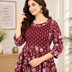 Women's Wine Maroon Floral Jaal Print Pure Cotton Anarkali Maternity Feeding Dress with Zipper