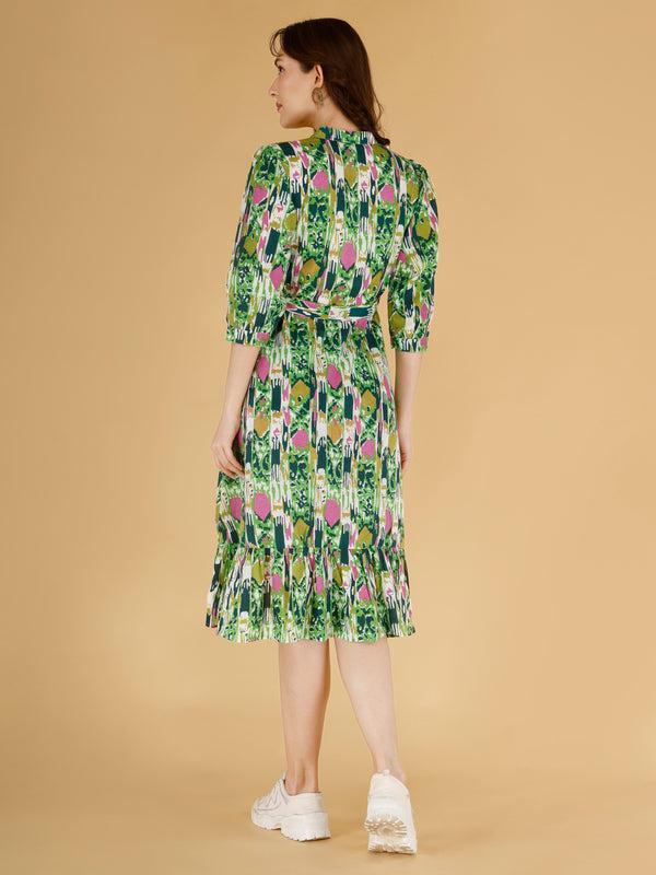 Printed Multicolor Cotton Blend Ethnic Frill Dress