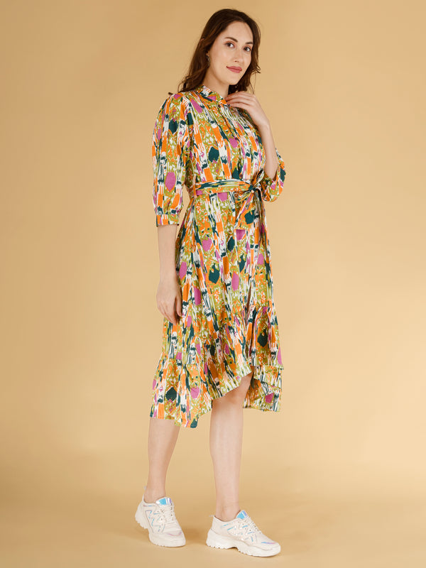 Printed Multicolor Cotton Blend Ethnic Frill Dress